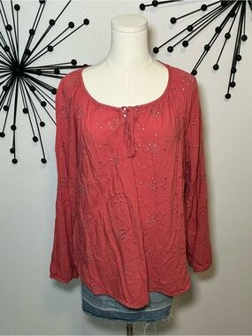Sonoma Pink Eyelet Embroidered Boho Peasant Top Large